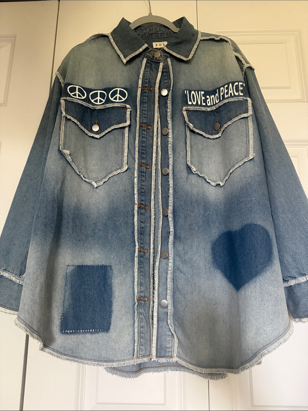 POL Denim Shacket Love Peace Graphic Distressed Oversized Button Up M Boho